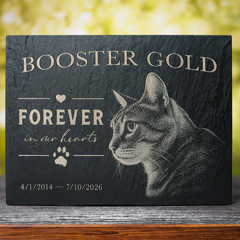 Personalized black slate pet memorial plaque engraved with a cat portrait, the name 'BOOSTER GOLD,' 'FOREVER in our hearts,' a paw print, and dates, displayed on a wooden surface with a blurred outdoor background.
