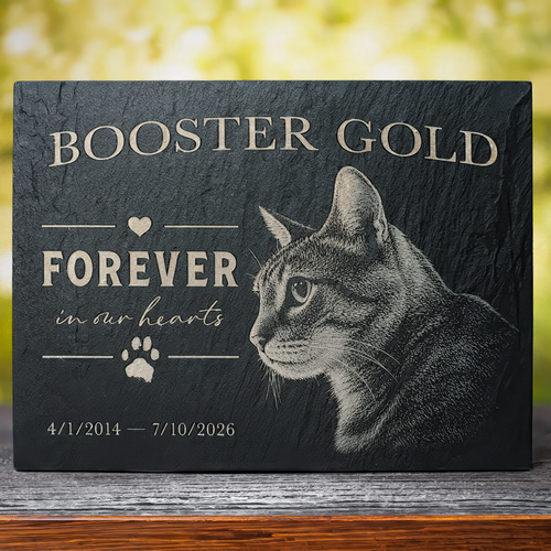 Personalized black slate pet memorial plaque engraved with a cat portrait, the name 'BOOSTER GOLD,' 'FOREVER in our hearts,' a paw print, and dates, displayed on a wooden surface with a blurred outdoor background.