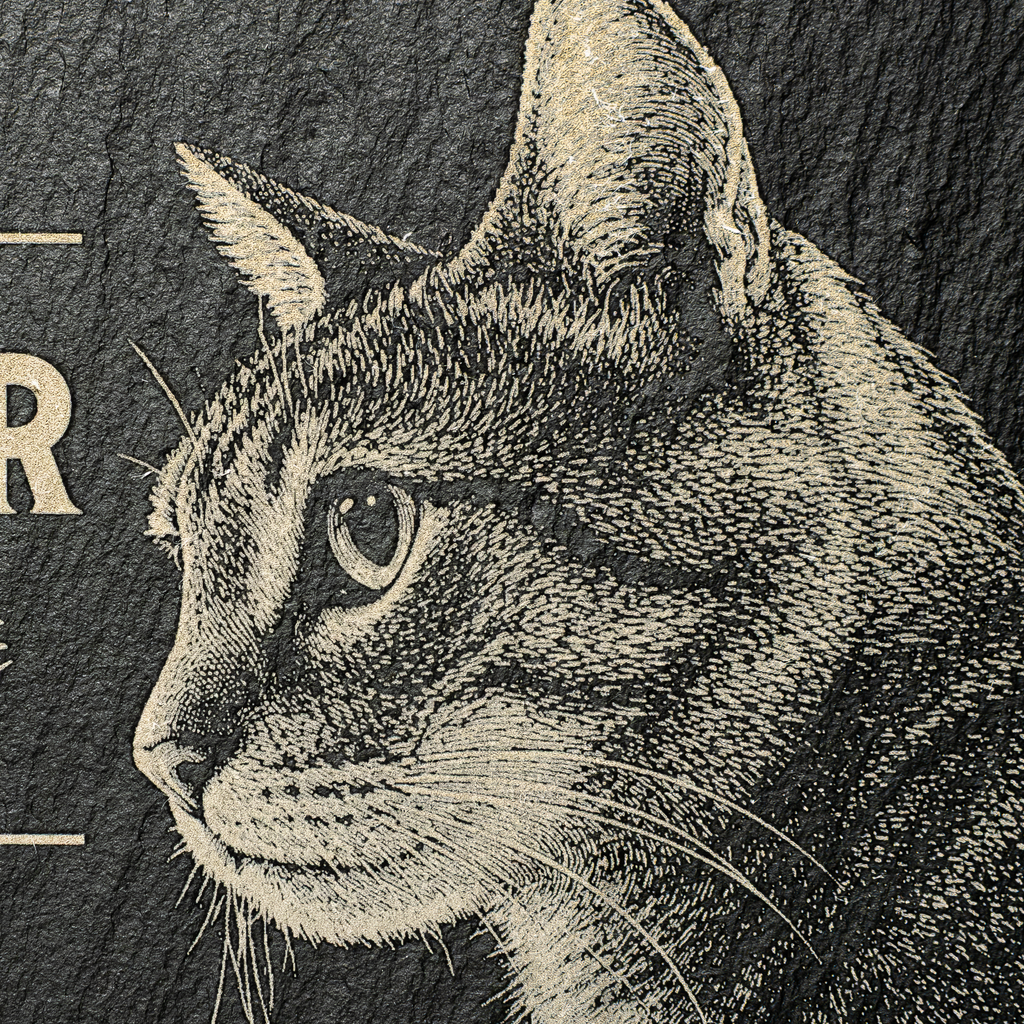 Close-up of a textured dark slate surface featuring an engraved or printed illustration of a cat's head in light beige tones, with partial serif lettering visible on the left edge.