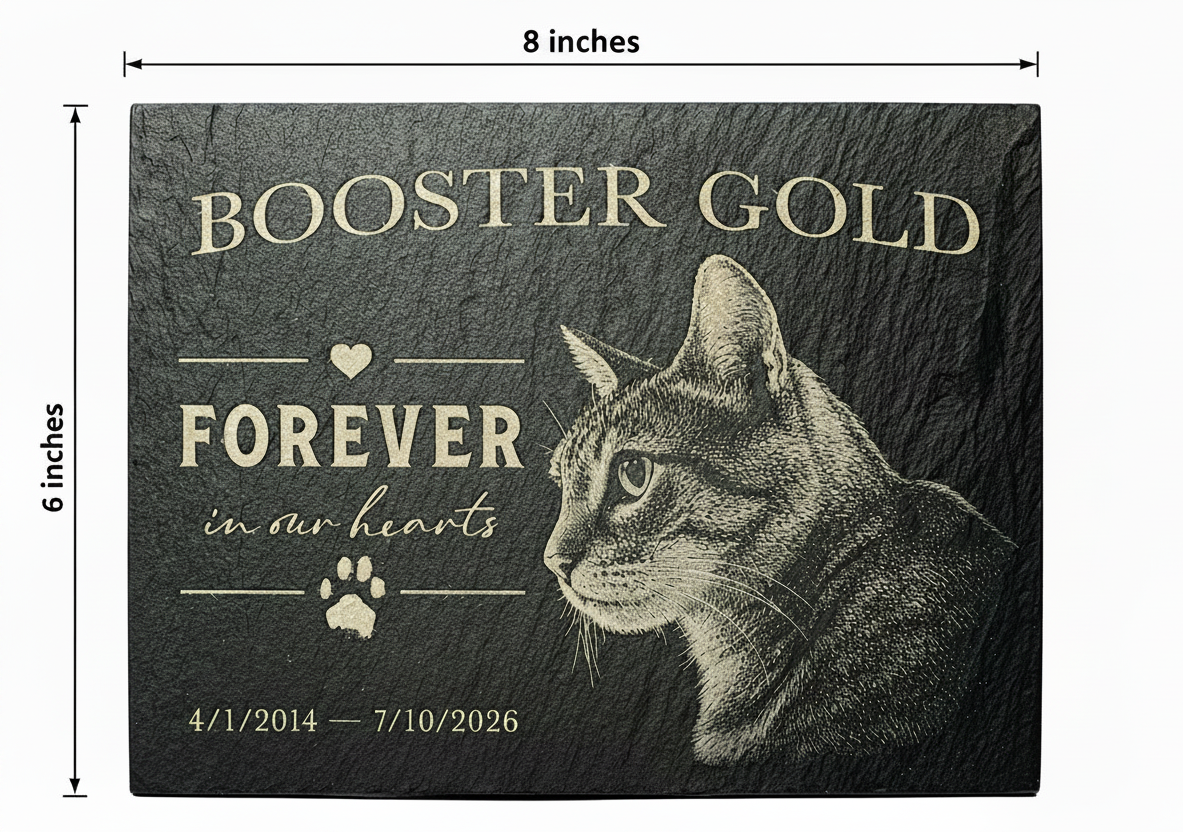 A rectangular black slate pet memorial plaque engraved with a detailed profile portrait of a tabby cat, the words 'BOOSTER GOLD' at the top, 'FOREVER in our hearts' in the center, a paw print, and dates at the bottom.