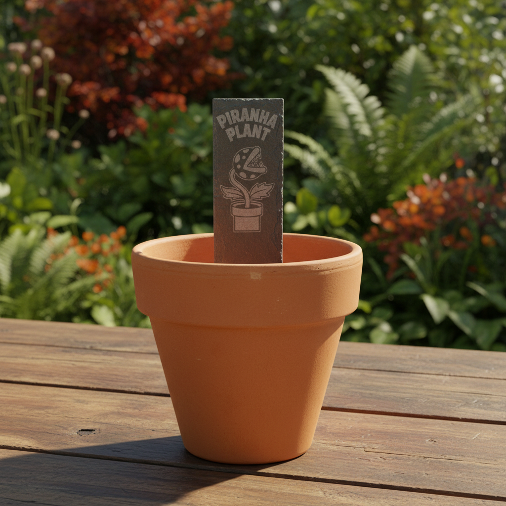 A terracotta-colored clay pot with a dark gray vertical sign inserted into the center, featuring the text 'PIRANHA PLANT' and an illustration of a plant. The photo is shot against a clean white background.