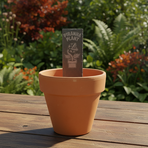 A terracotta-colored clay pot with a dark gray vertical sign inserted into the center, featuring the text 'PIRANHA PLANT' and an illustration of a plant. The photo is shot against a clean white background.